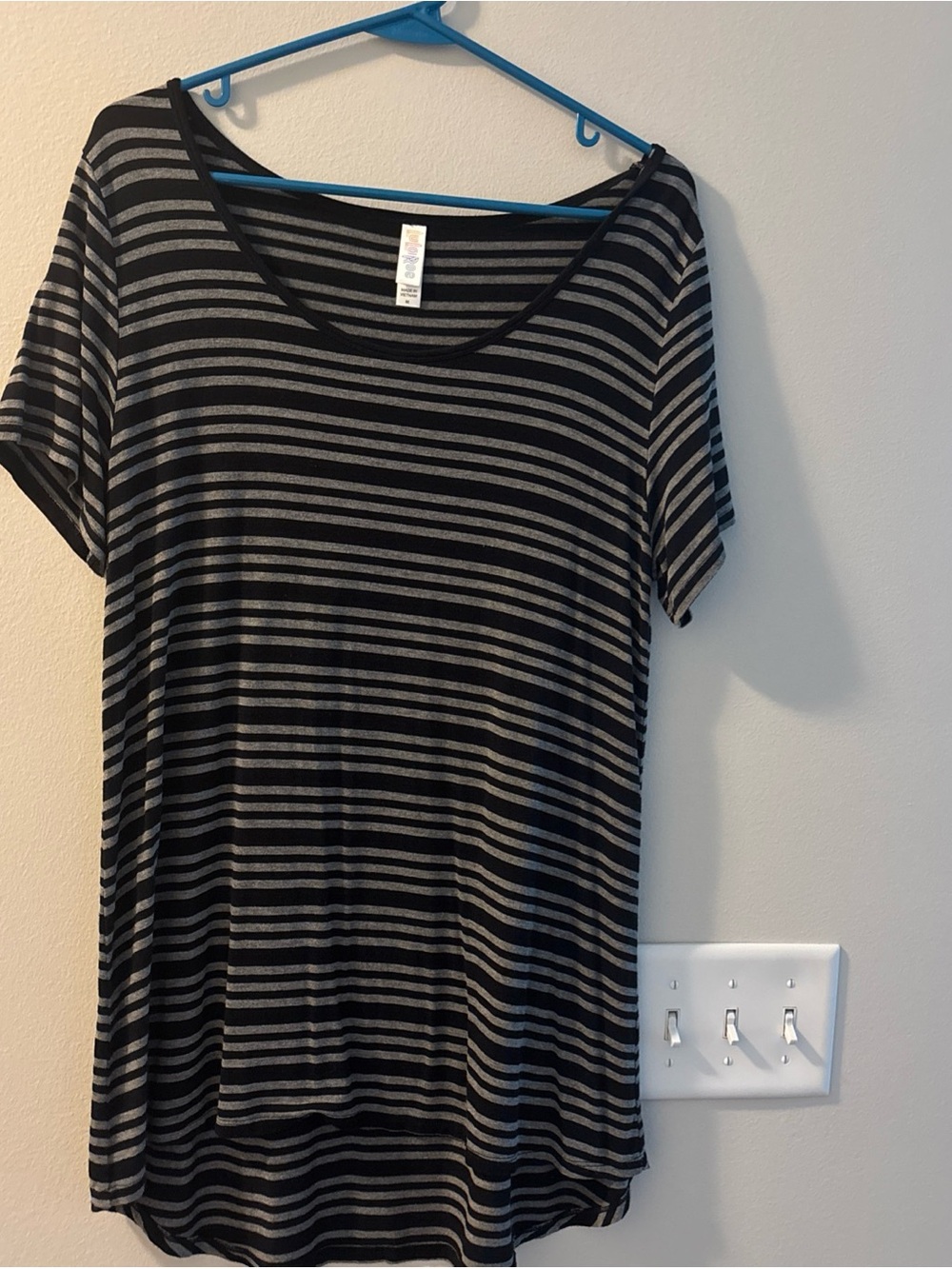 LuLaRoe Black & Gray Striped Short Sleeve Scoop Neck Top